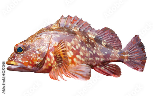 華やかな暖色系マダラカラーリングと美味で知られる釣りの人気魚種「カサゴ」のレタッチイラスト