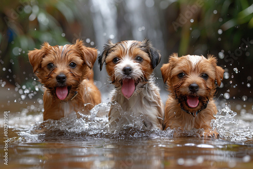 A trio of playful terrier puppies splashing in a shallow stream on a hot summer's day, tongues lolling happily. photo