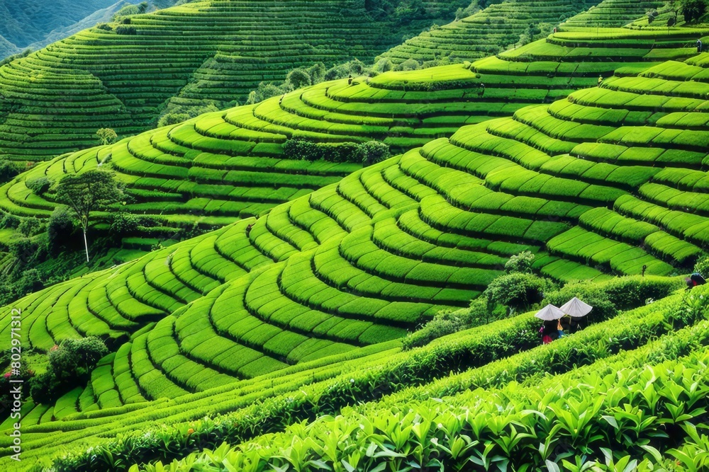 Embark on a journey through the art of tea-picking against the backdrop of lush green terraced fields at sunrise, a moment steeped in history Embark on a journey through the art of tea-picking against the backdrop of lush green terraced fields at sunrise, a moment steeped in history