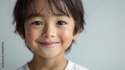 Smiling Boy with Dark Hair - Close-up of a smiling boy with dark hair, displaying a cheerful expression and bright eyes.