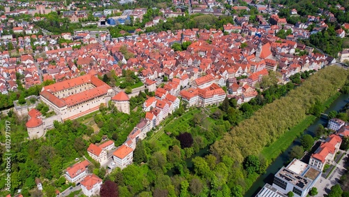 Aerial view around the old town of the city Tübingen in Germany on a sunny day in Spring