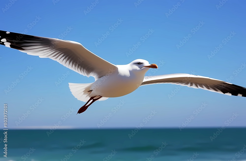 Seagulls fly across the sky, around the water surface