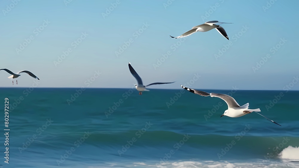 Seagulls fly across the sky, around the water surface Seagulls fly across the sky, around the water surface