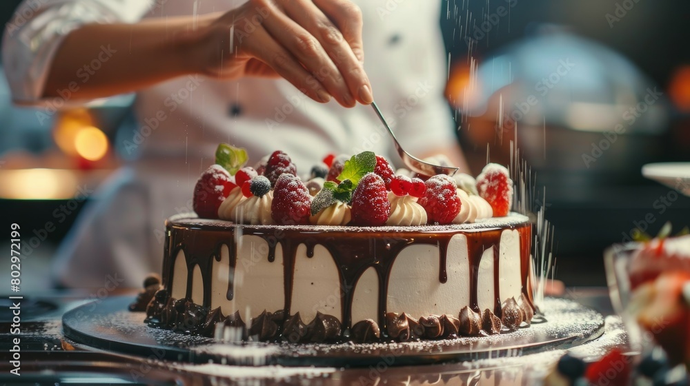 Confectioner artistically adorns delicious cake Confectioner artistically adorns delicious cake