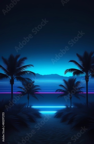 Night landscape with neon blue light. Dark neon palm tree background. Road, retro background, calm and relaxation.