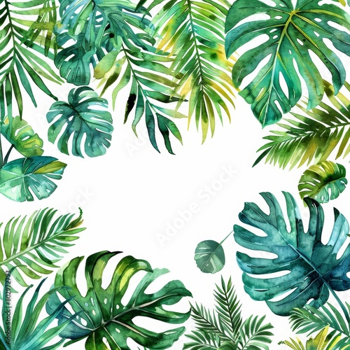watercolor painting of a variety of green tropical leaves