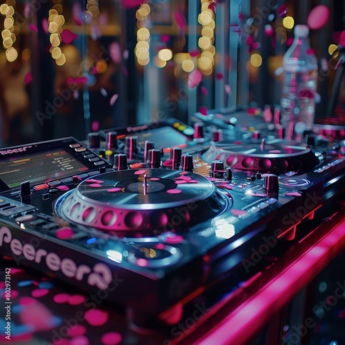 A dj mixer setup with pink and blue lights and confetti in the air