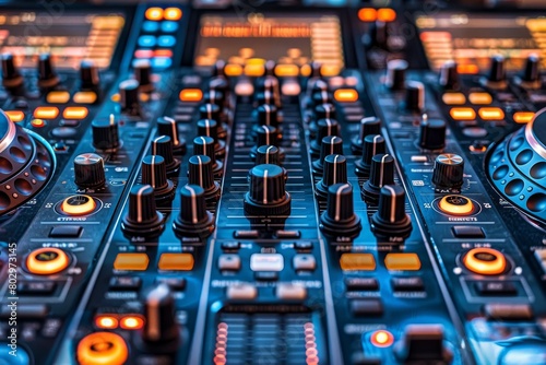 A dj mixer with blue and orange lights photo