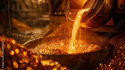 High-resolution photo of a gold refinery at work, focusing on a crucible of molten gold being poured through a sieve to filter out unwanted materials photo