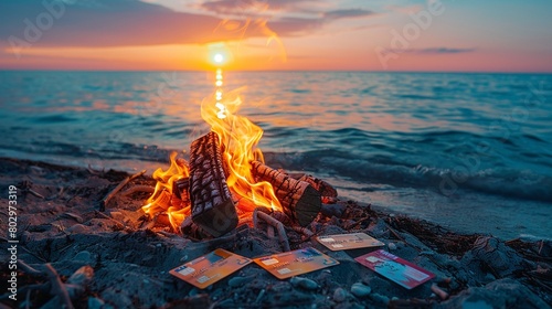 Bonfire with Credit Cards as Logs Conceptualize a bonfire on the beach where the logs are creatively replaced with oversized credit cards photo