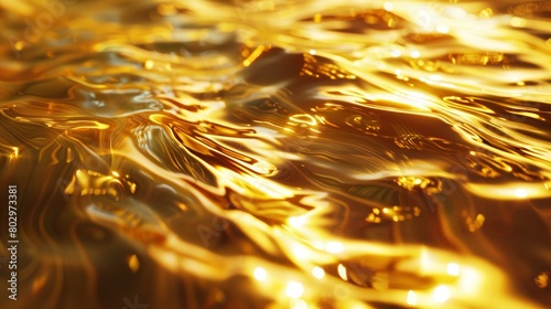 High-resolution photo of a shimmering pool of gold liquid, focusing on the play of light across its glossy texture, creating a rich and captivating visual