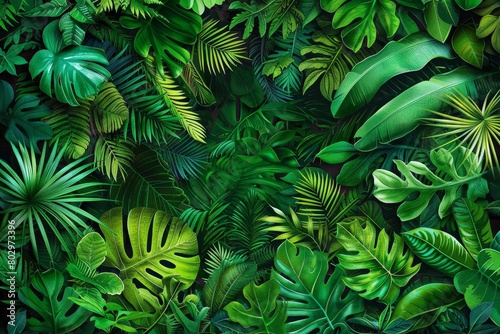 A lush green background of various tropical leaves.