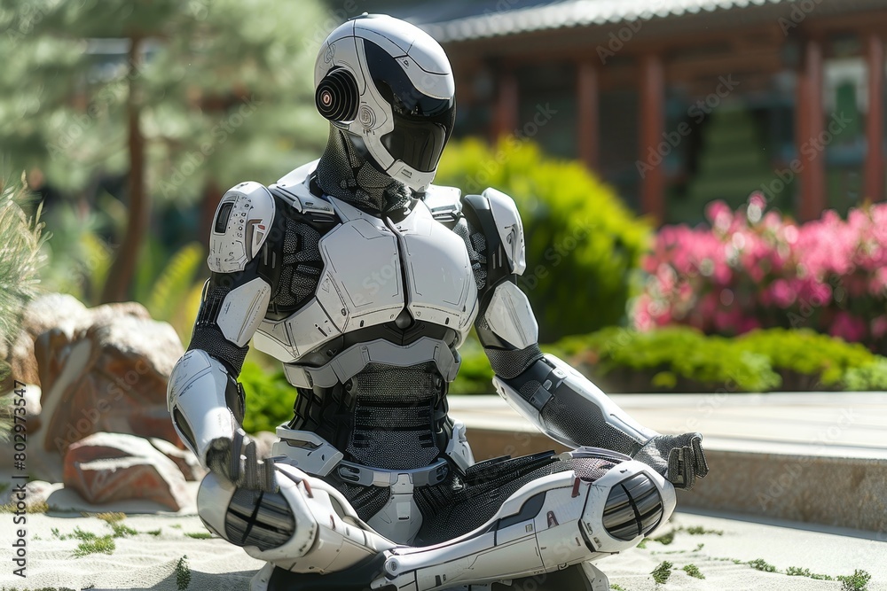 A photo of a robot meditating in a garden. A photo of a robot meditating in a garden.