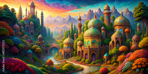 Intricate Psychedelic Landscapes: Contemporary Interpretation of Medieval Art - High Resolution 2D Illustrations Inspired by Qajar Art and Forestpunk Aesthetics. photo
