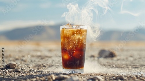 Iced Coffee with Rising Steam Visualize a glass of iced coffee with steam vigorously rising from it