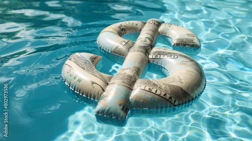 Pool Float Shaped Like a Dollar Sign Envision a swimming pool with a giant pool float in the shape of a dollar sign, illustrating the luxury of financial freedom during leisure time