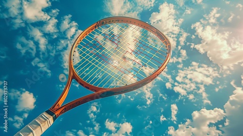 Tennis Racket Weaving the Sky Create a conceptual image where a giant tennis racket is seen weaving or stitching the clouds in the sky, symbolizing the sports precision © Tanongsak