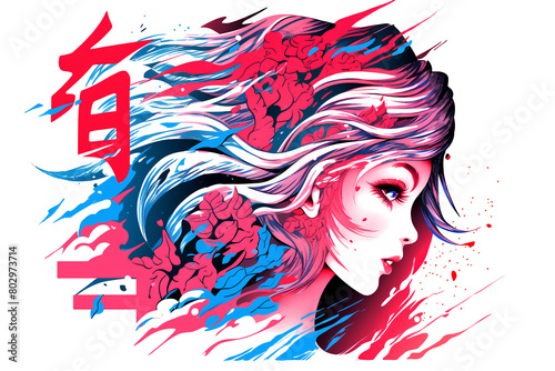 Japanese slogan with manga face. Vector design for t-shirt graphics