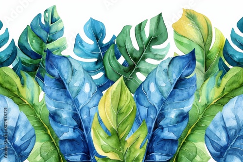 A seamless pattern of watercolor tropical leaves in blue and green colors. photo