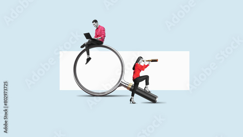 A man with a laptop and woman with telescope on a big magnifying glass. Art collage. Searching for information on the internet concept. Team.