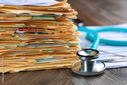 A stack of medical records with a stethoscope on the side. photo