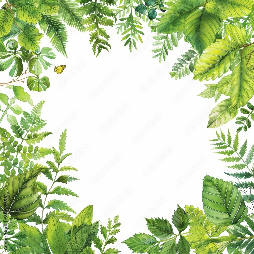 Naklejka premium A watercolor painting of a variety of green leaves and ferns arranged in a frame.