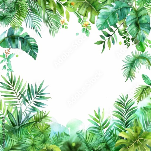 A watercolor painting of a lush tropical rainforest with green leaves and yellow flowers.