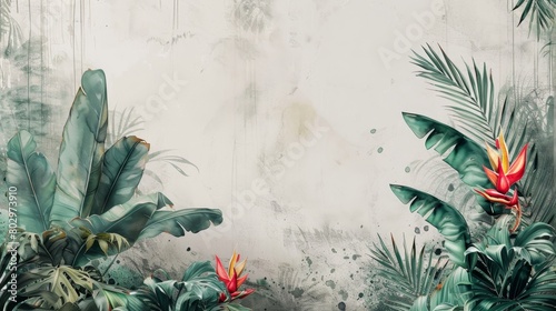 A watercolor painting of a tropical jungle with lush foliage and red flowers. © charunwit