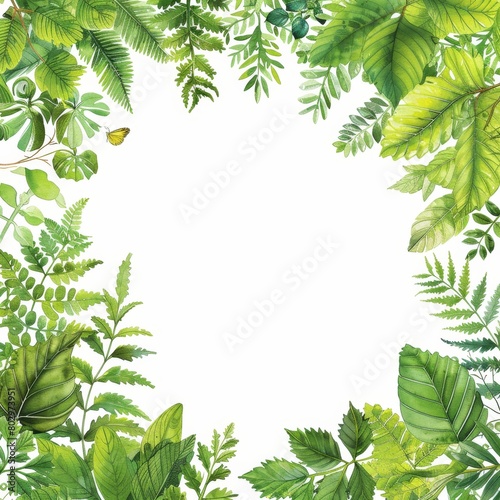 A watercolor painting of a variety of green leaves and ferns arranged in a frame.