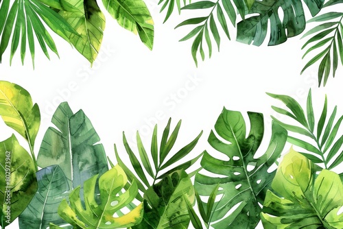 A watercolor painting of a variety of green tropical leaves on a white background.