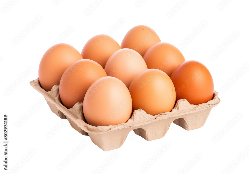 A carton of brown eggs, neatly packed and ready for cooking or baking, isolated on a white transparent. Generative AI