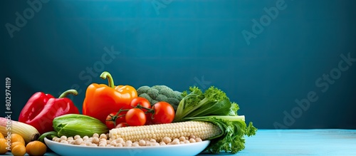 A blue background with a white plate holding rainbow colored vegetables and chickpeas leaving room for text copy space image