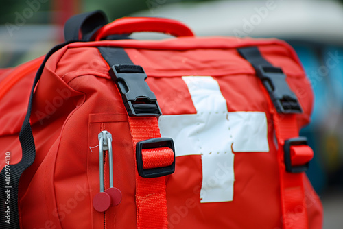 a red emergency medical bag with a white cross on it, prominently displayed on an urban street background.