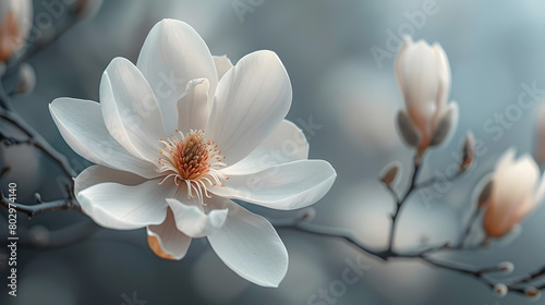 Majestic Magnolia Flower Illustration on Grey Background with Cloud Pattern