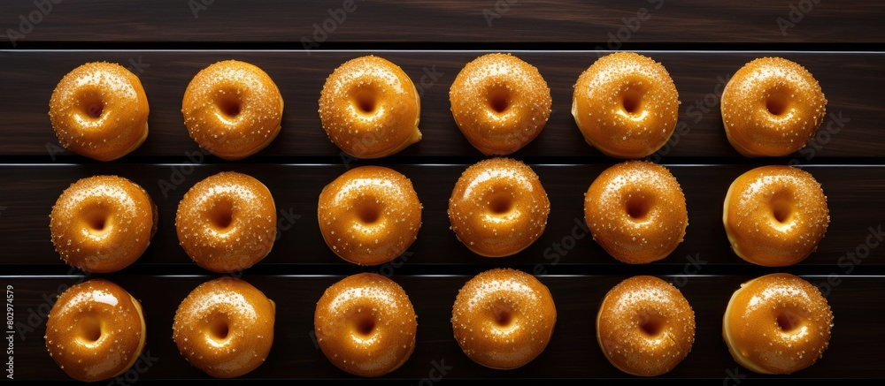 Fototapeta premium A copy space image of golden round donuts arranged on a black lattice resting on a white wooden table