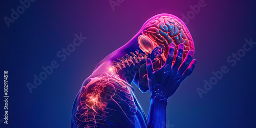 Chiari Malformation: The Headache and Neck Pain - Visualize a person with a highlighted cerebellum extending into the spinal canal, experiencing headaches and neck pain