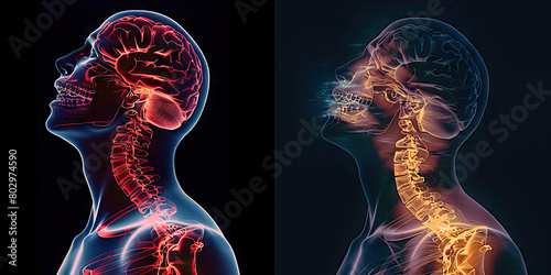 Chiari Malformation: The Headache and Neck Pain - Visualize a person with a highlighted cerebellum extending into the spinal canal, experiencing headaches and neck pain