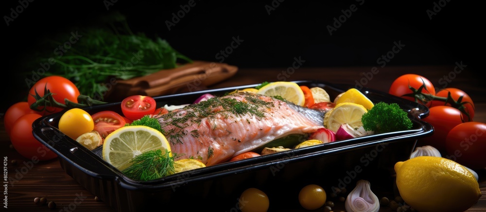 Fototapeta premium A delicious dish of raw fish fresh vegetables and zesty lemon presented in a baking dish on a black wooden table Ample room available for adding descriptive text