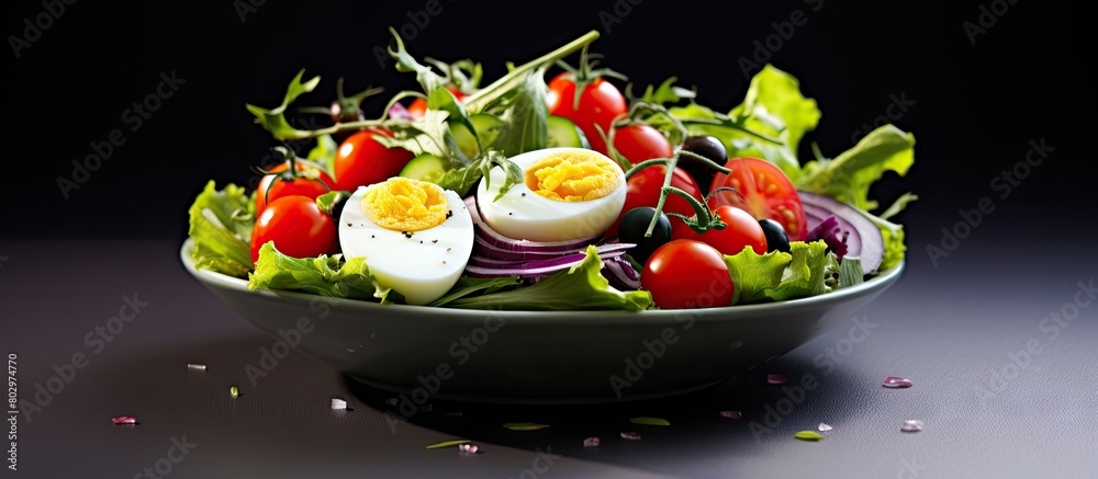 A beautifully arranged salad with vibrant ingredients and plenty of variety perfect for a copy space image