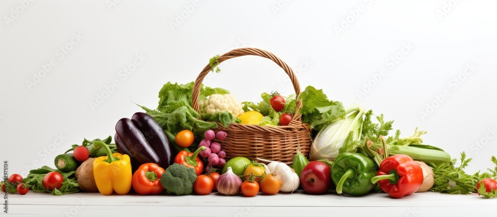 A copy space image of a basket filled with freshly harvested vegetables against a white background A copy space image of a basket filled with freshly harvested vegetables against a white background