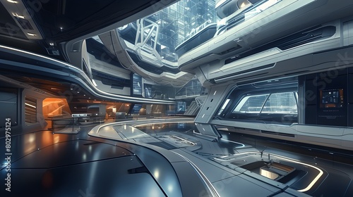 Sleek Futuristic Interior of Advanced Sci-Fi Spacecraft with Curved Design and High-Tech Elements © yelosole