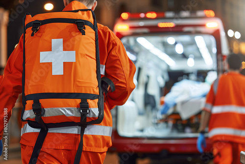 paramedics in orange uniforms with reflective strips and a white cross, actively responding to an emergency at night with a patient being loaded into an ambulance. photo