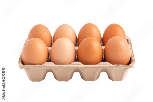 A carton of brown eggs, neatly packed and ready for cooking or baking, isolated on a white transparent. Generative AI