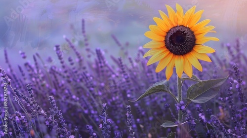 A beautiful field of lavender with a single sunflower in the foreground