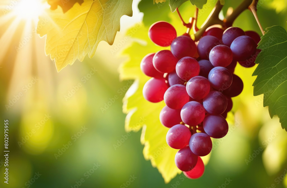 Bunch of red grapes hanging on a branch in vineyard on sunny day. Wine or juice concept, copy space Bunch of red grapes hanging on a branch in vineyard on sunny day. Wine or juice concept, copy space