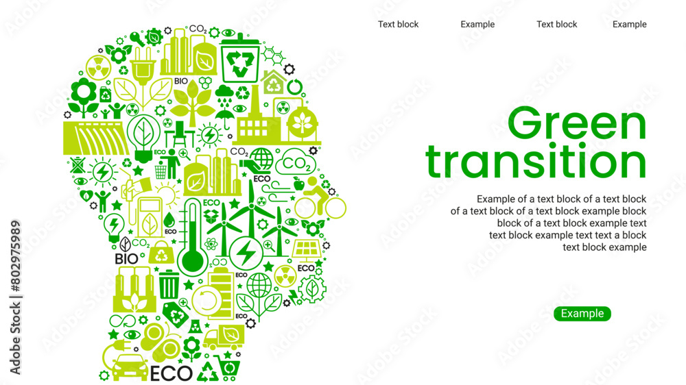 Silhouette of a human head with icons. ENERGY TRANSITION. Transition to environmentally friendly world concept.  Ecology infographic. Green power production. 