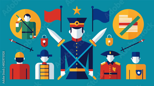 A display of historical artifacts such as uniforms flags and weapons bringing a tangible connection to the past.. Vector illustration