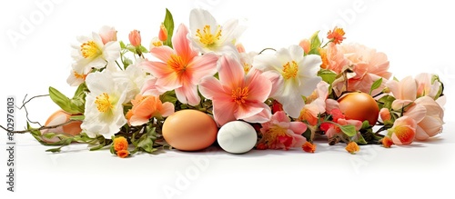 A collection of festive arrangements featuring blooming peach flowers and Easter eggs isolated on a white background It offers ample copy space for personalized messages or designs