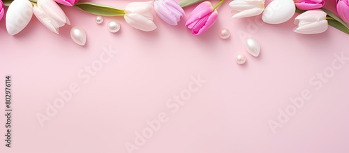 A copy space image featuring tulips pastel Easter eggs and a frame seen from a top down perspective against a pink background