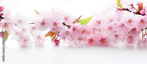 A close up photo of cherry flowers with a white background creating a spring banner The focus is on the details of the cherry blossoms Copy space image © vxnaghiyev